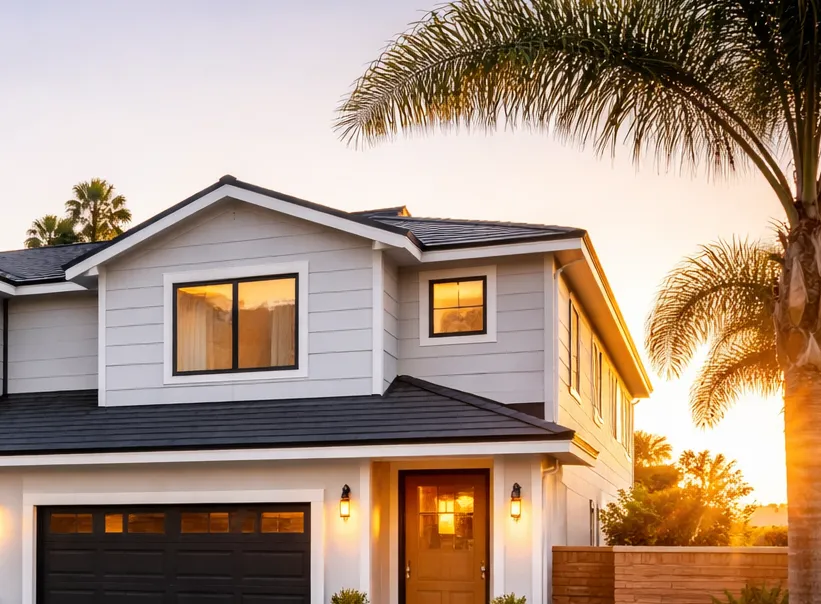 Close up of a California home roofline at sunset with a palm tree in the background representing investment property