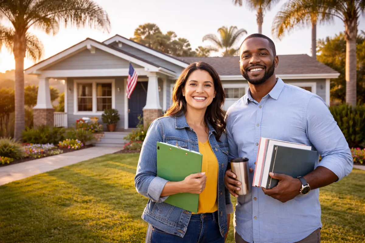 Two teachers smiling and holding books and notebooks while standing in front of a house