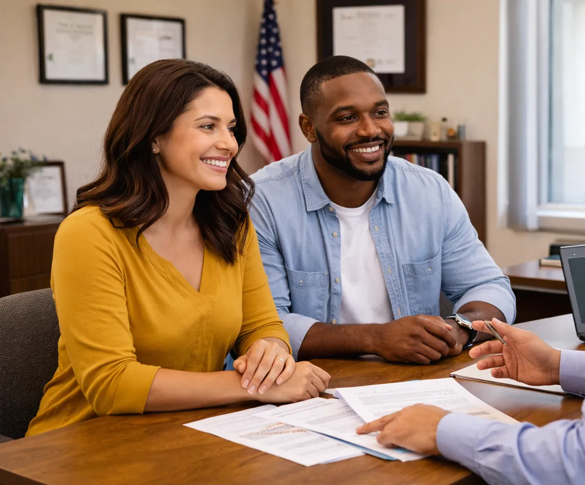 Couple sitting at a desk meeting with a mortgage lender to discuss home loan options