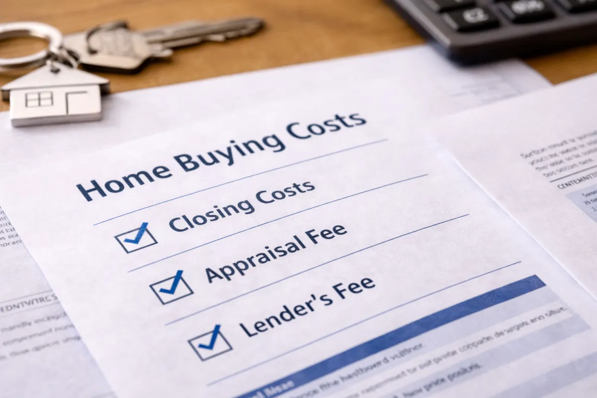 Close up of home buying cost documents on a desk showing closing costs, appraisal fee, and lender fee line items