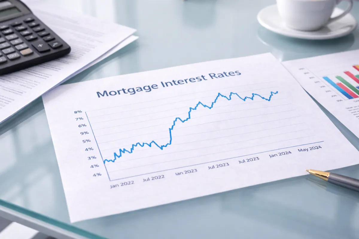 Sheet of paper on a glass desk showing an erratic up and down line chart illustrating the rise and fall of mortgage interest rates