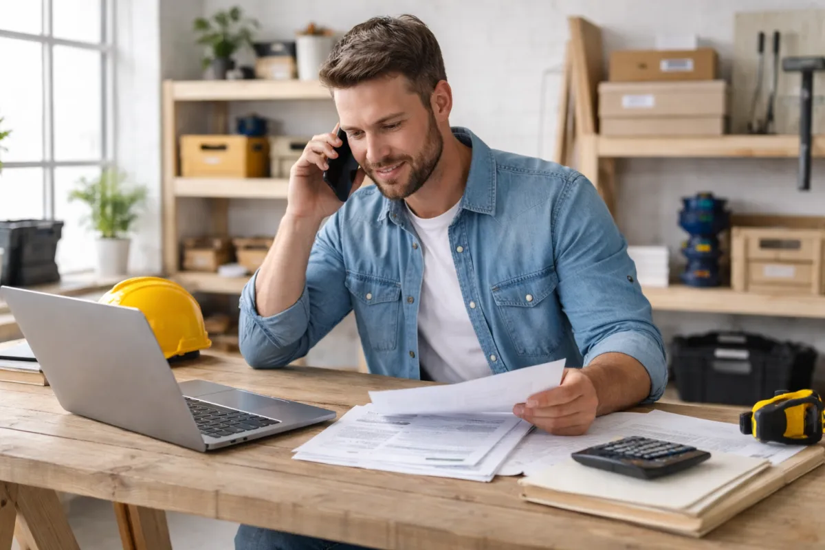 Self-employed contractor on the phone at his desk with a laptop open surrounded by tools and handyman equipment