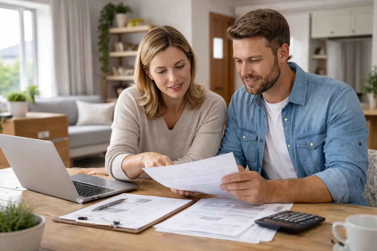 Couple reviewing home purchase documents together at a desk with a laptop open in their living room