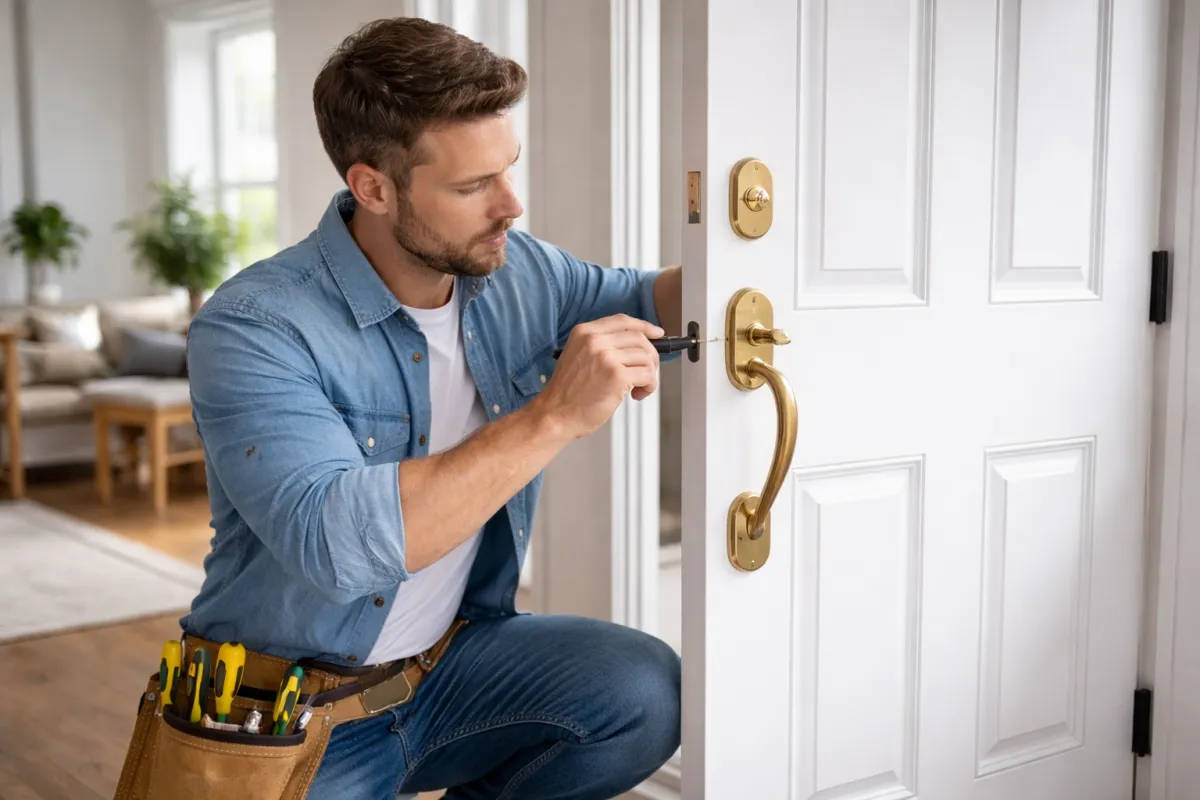 New homeowner kneeling at front door changing the deadbolt lock with a screwdriver on move-in day