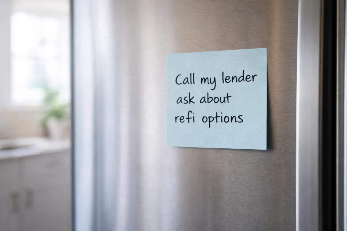 Close up of a refrigerator with a sticky note that reads Call my lender ask about refi options
