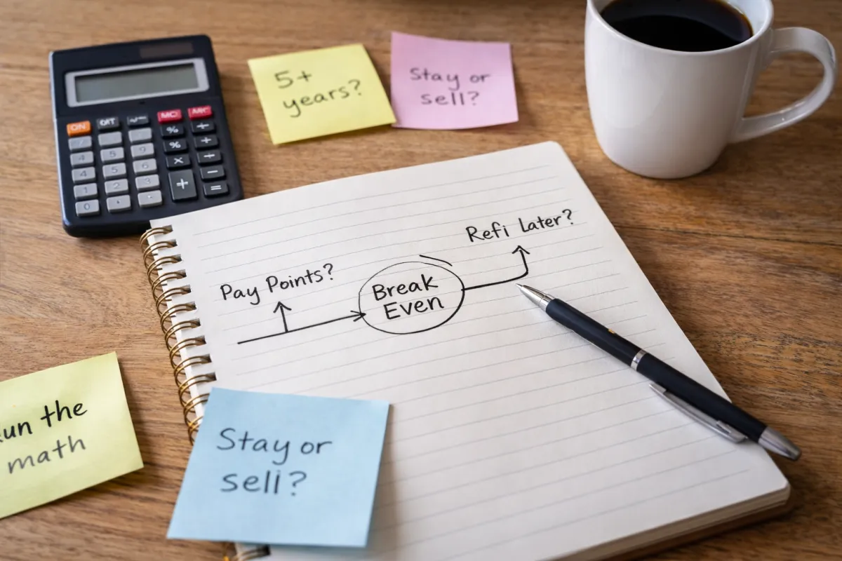 Desk notebook with pay points question mark arrow pointing to break even circled with arrow to refi later question mark and sticky notes reading stay or sell and 5 plus years