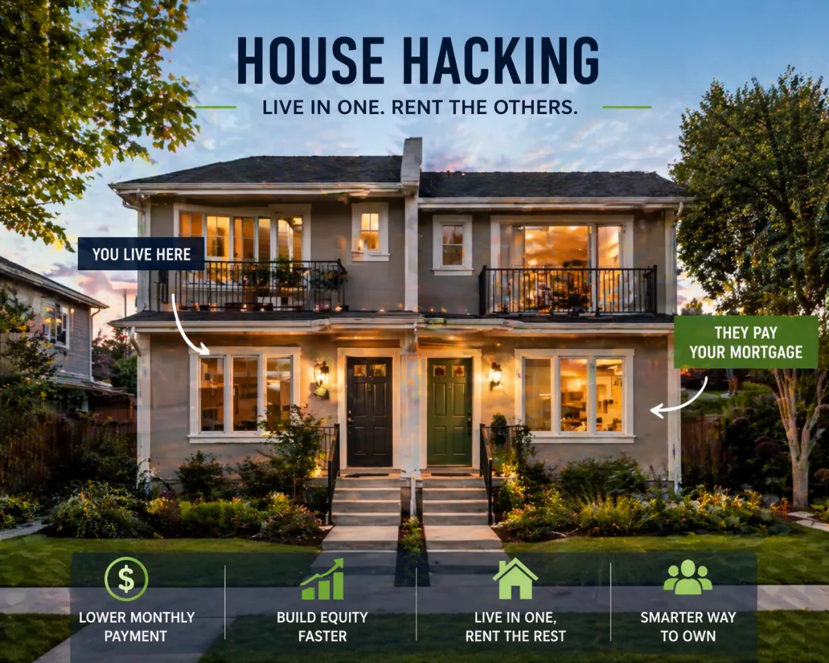Duplex multi-unit property showing house hacking strategy where owner lives in one unit and rents the others for income