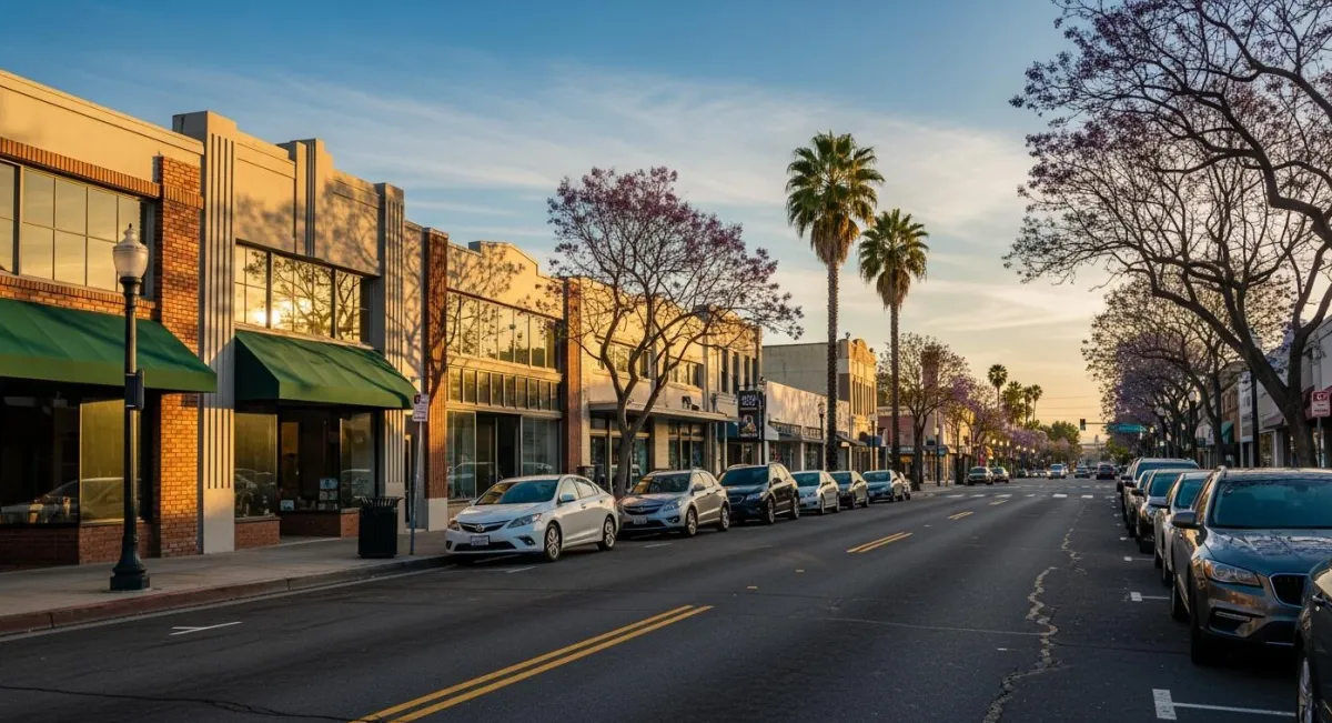 Downtown West Covina, California with local shops and streets
