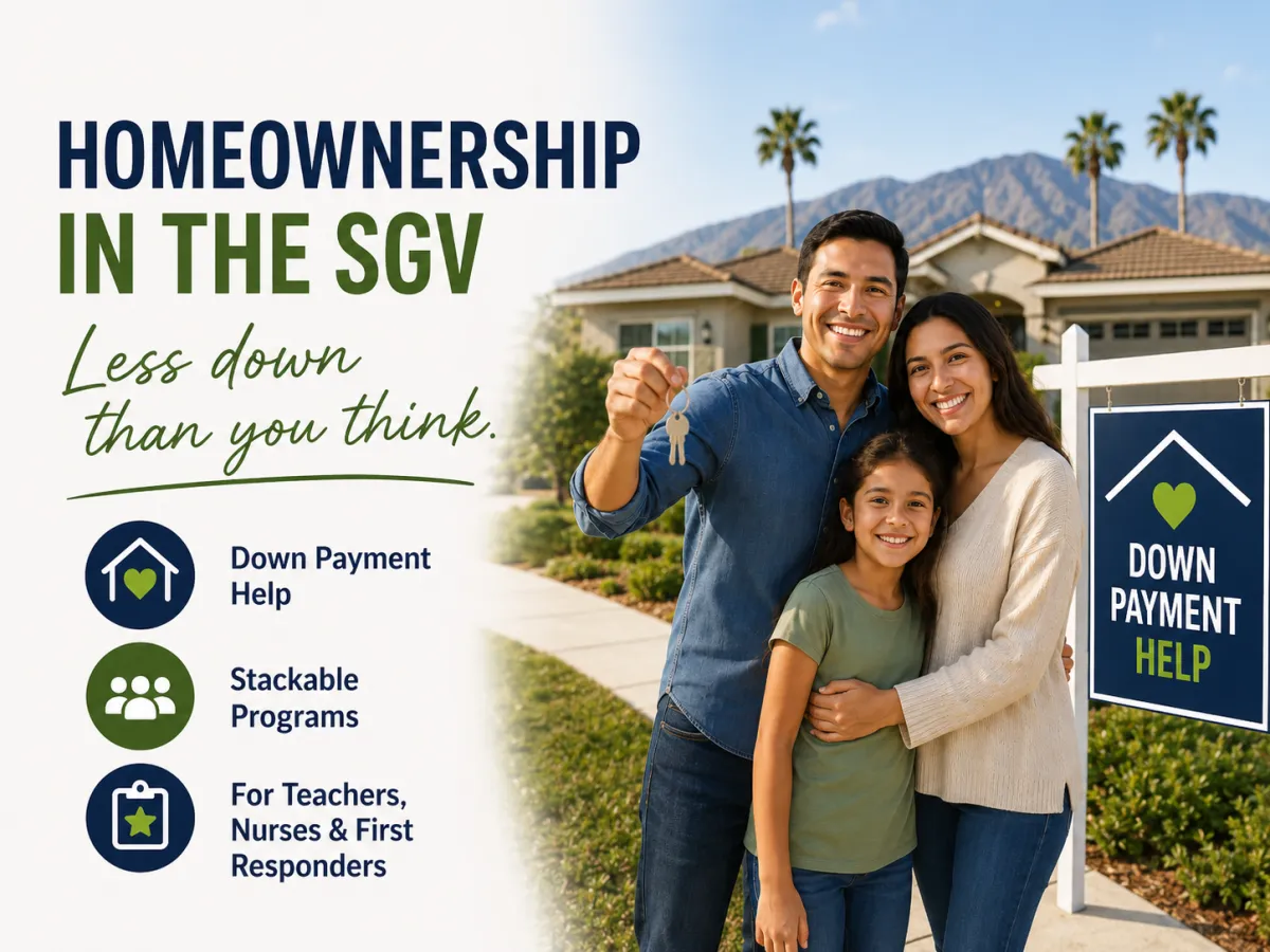 Happy family of three standing in front of their new home holding up a house key with the words homeownership in the SGV