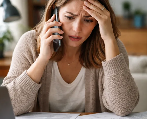 Stressed woman on the phone at a desk with papers in disarray and a laptop and calculator in front of her representing a home loan problem before closing