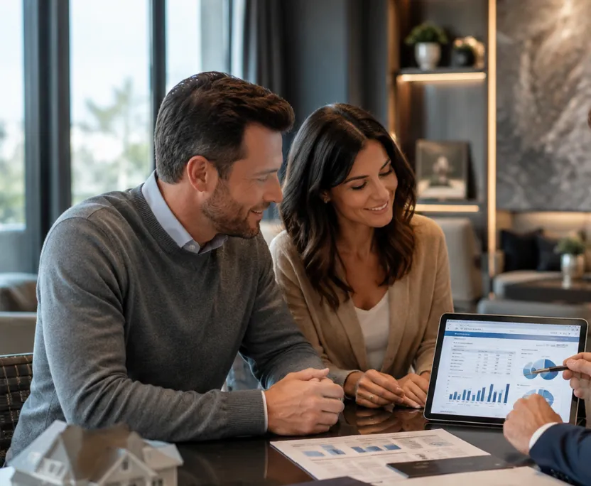 Couple sitting across from a lender at a desk in an office discussing mortgage refinancing options