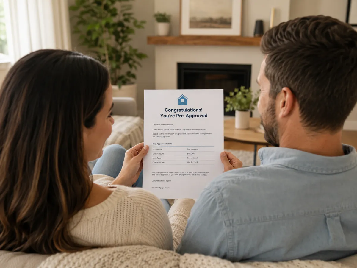 Couple relaxing at home together reading a pre-approval congratulations letter