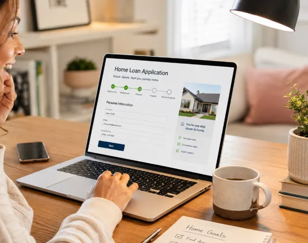 Smiling woman on her laptop going through the mortgage pre-approval application process at home