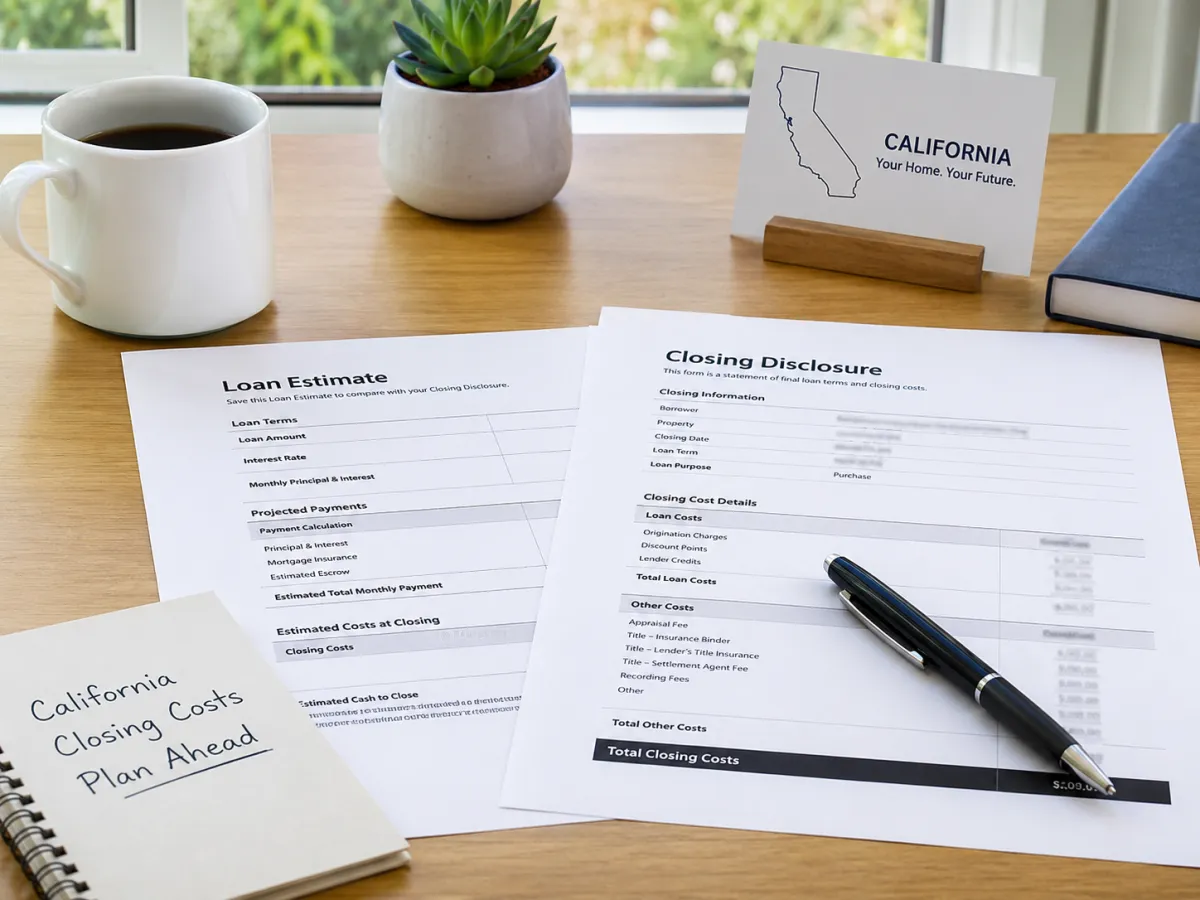 Loan estimate and closing disclosure documents on a desk with a pen representing mortgage closing costs in California