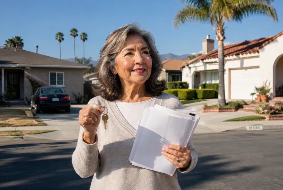 Elderly woman holding house keys and documents outside her new home looking up with joy