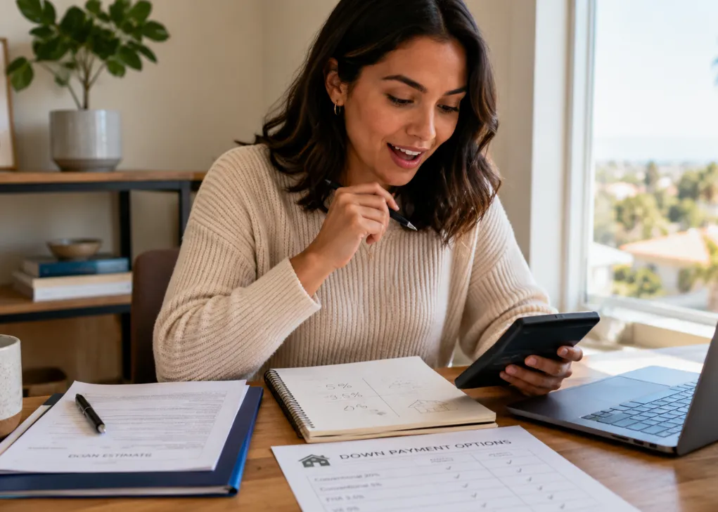 happy woman at a desk reviewing loan options with a calculator