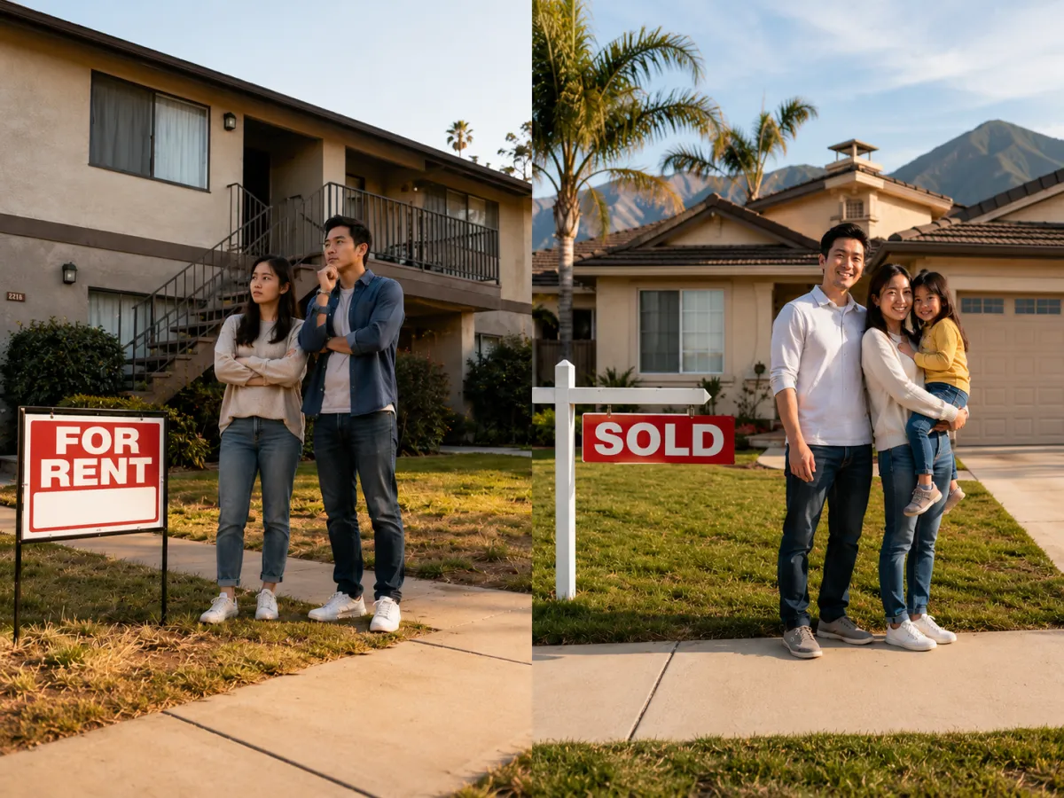 Split image showing a rental sign on one side and a sold sign on the other representing the rent vs buy decision in the San Gabriel Valley