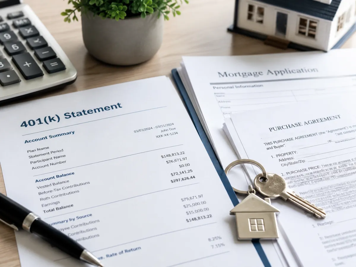 a close up of a 401k retirement statement on a desk alongside a house key or home purchase documents.