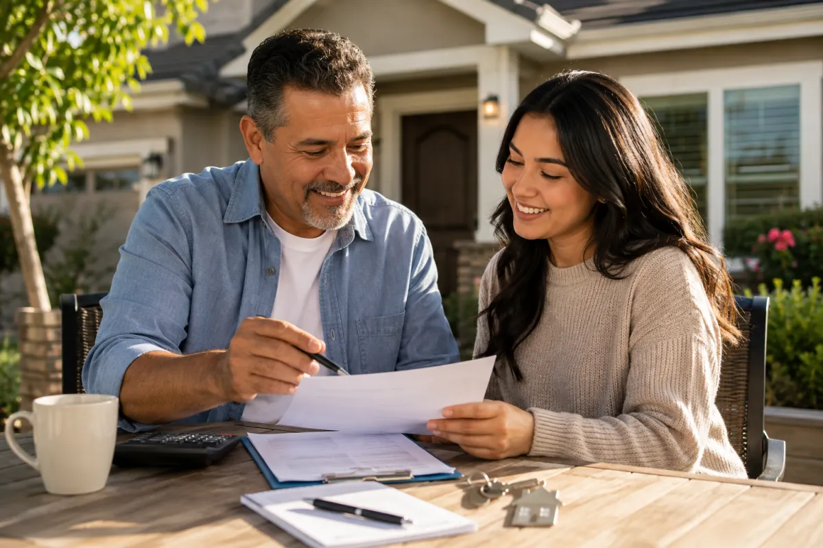 a parent and adult child sitting together reviewing documents or holding keys outside a home