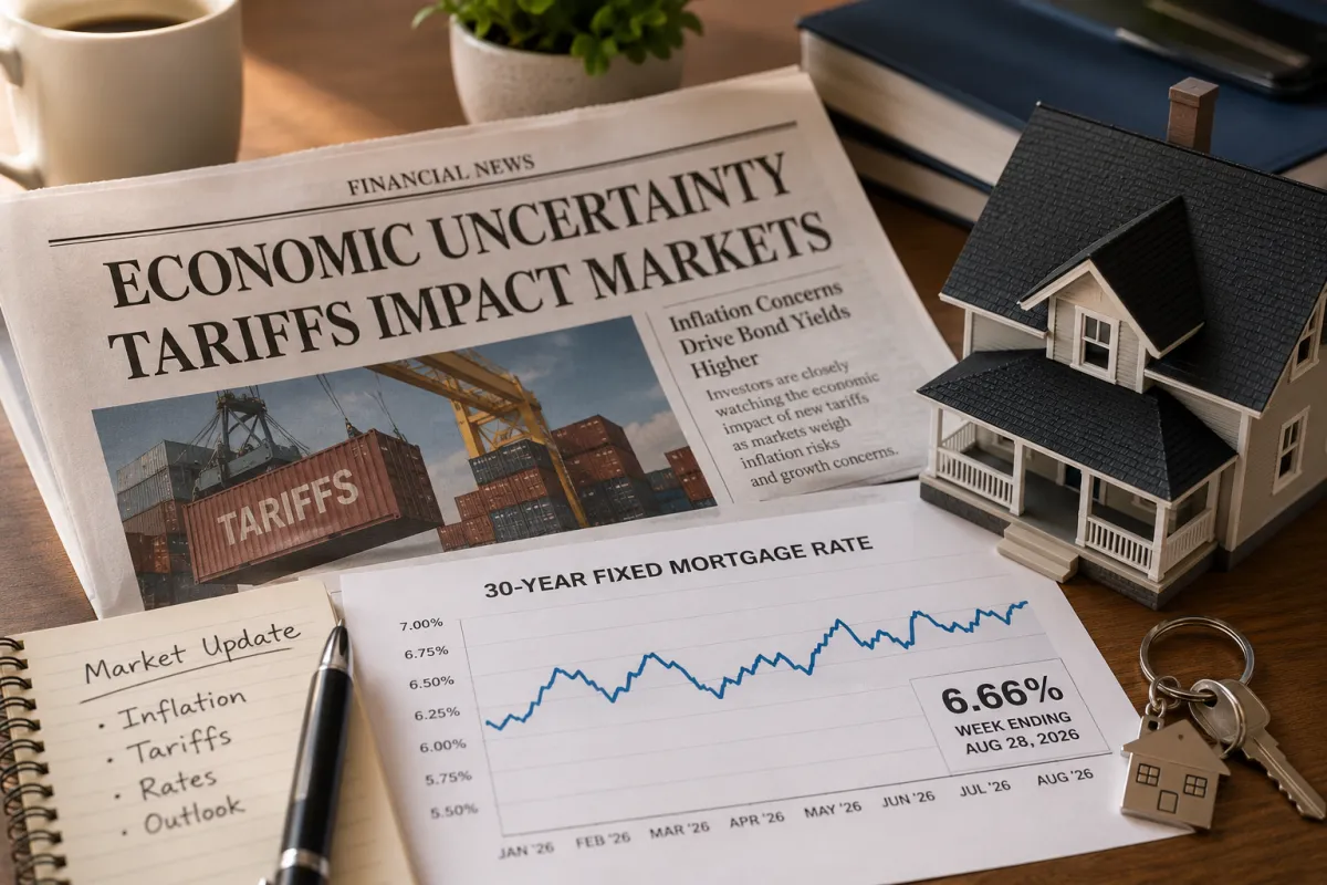 a close up of a mortgage rate chart or a newspaper with economic headlines alongside a house model.