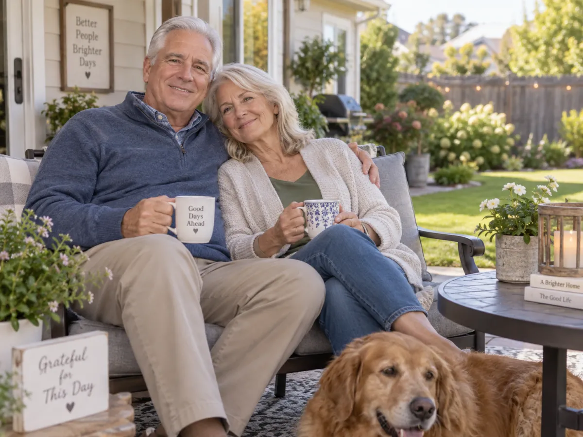 An older couple looking relaxed outside their home
