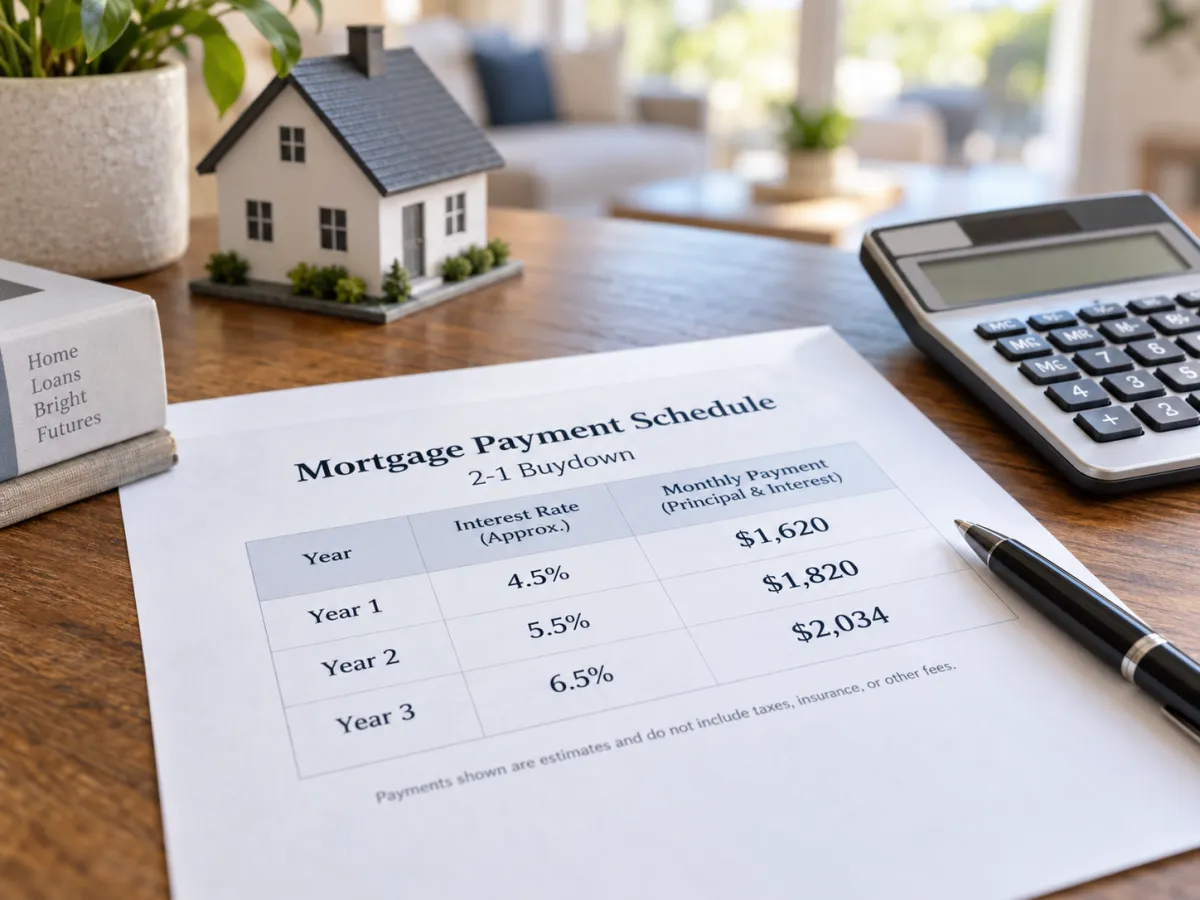 a close up of a mortgage payment schedule on a desk with a home in the background showing the payment difference across years one two and three.