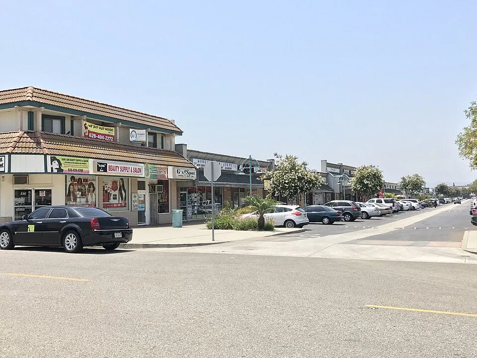 Downtown West Covina, California with local shops and streets