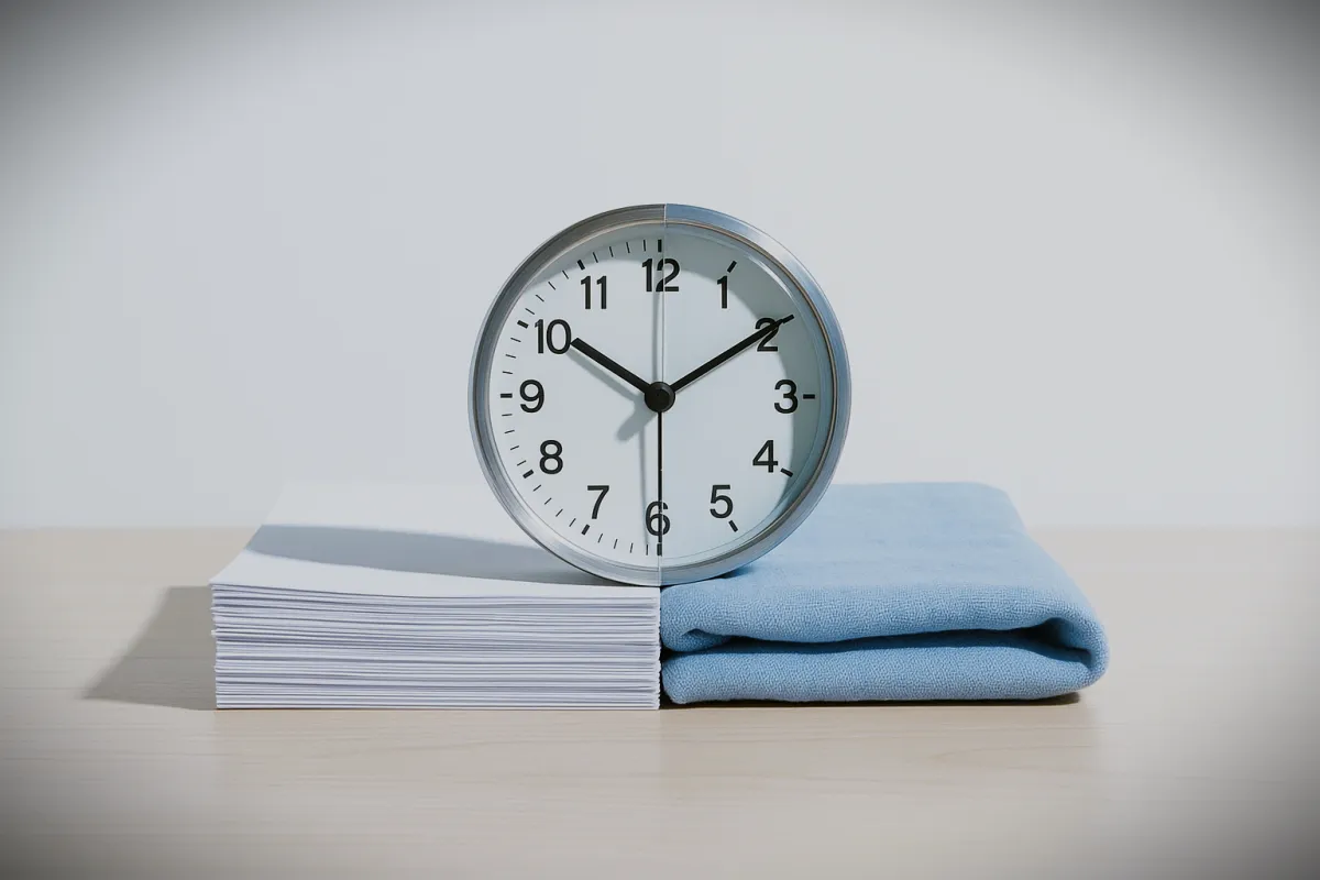 A minimalist photo of a desk clock half on neat documents, half on a soft blue blanket, symbolizing balanced time between work and life. The serene setup sits on a pale wooden table, against a white background, emphasizing calm, symmetry, and authentic textures.