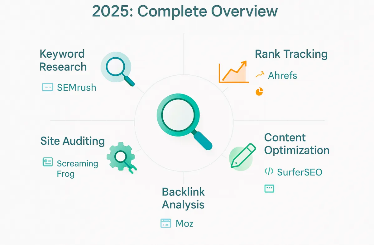 Minimalist infographic showcasing the top SEO tools of 2025, with a circular diagram highlighting five categories: Keyword Research, Site Auditing, Rank Tracking, Content Optimization, and Backlink Analysis. Each is represented by color-coded flat icons, tool names, and related detail icons on a white background.