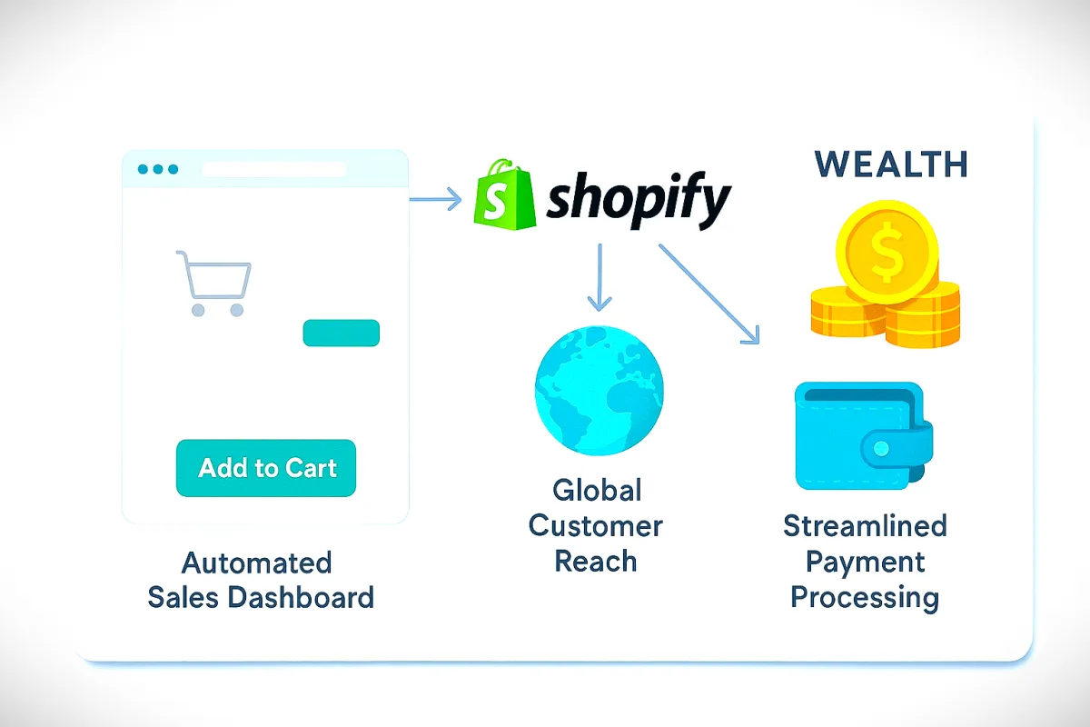 Minimalist infographic showing a modern website merging with the Shopify logo. Arrows highlight automated sales, global reach, and streamlined payments, with vector icons of shopping carts, rising graphs, and digital wallets on a white background.