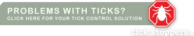 Tick Stoppers LLC promotional banner with bold text reading "Problems with Ticks? Click here for your tick control solution" alongside a red tick icon on a dark background