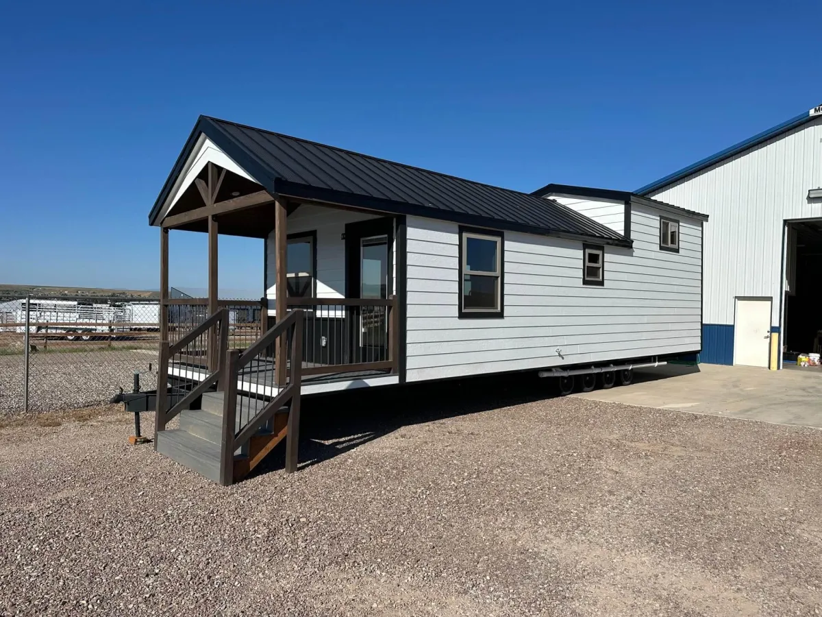 Exterior photo of white park model RV in Belgrade, Montana