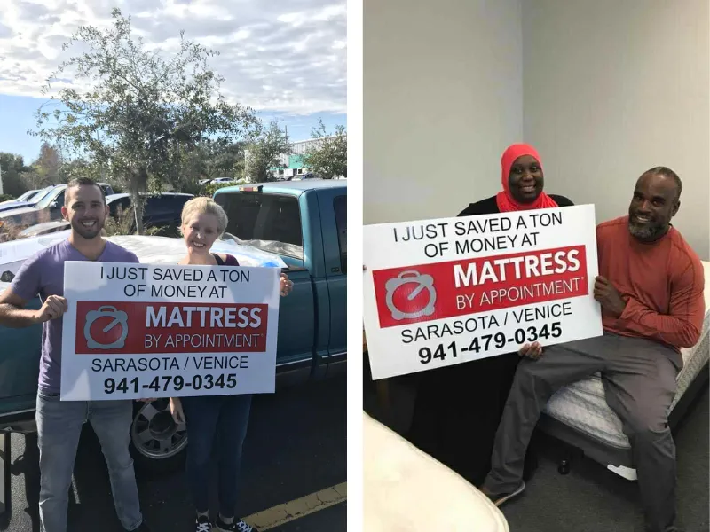 customers holding a sign that says 'I just saved a bunch of money at mattress by appointment henderson'