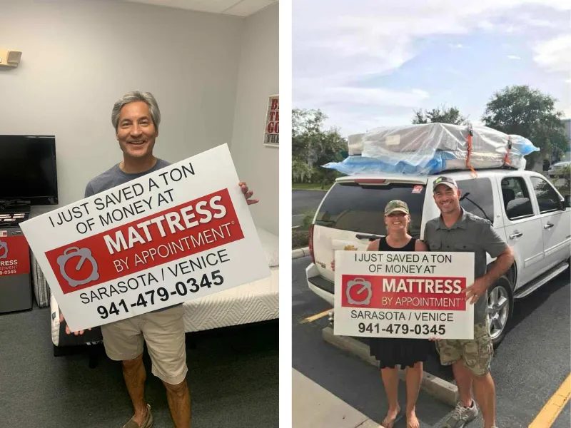 customers holding a sign that says 'I just saved a bunch of money at mattress by appointment henderson'