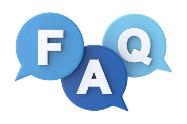A stylized picture of three conversation bubbles in assorted shade of blue each one displaying a letter - F - A - Q