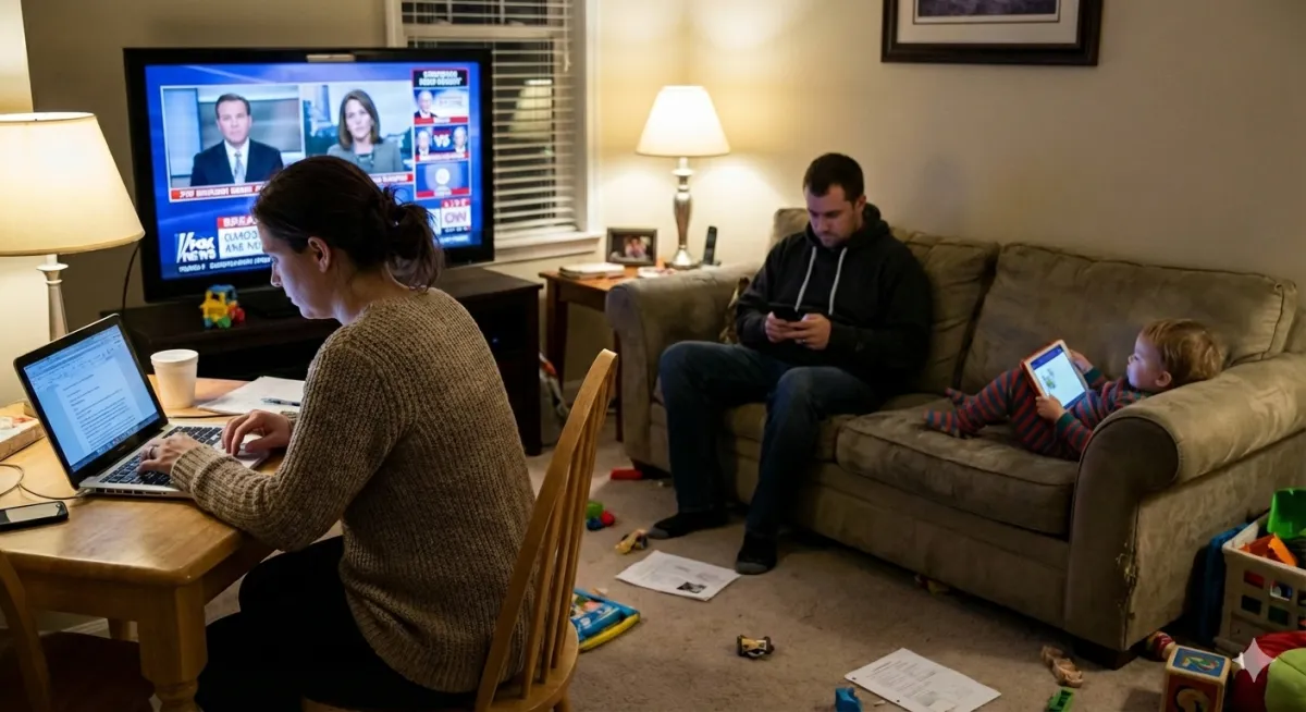 AI generated image of parents and a young child sitting in the living room, self-absorbed in their world. The child watching on a tablet next to a father scrolling his mobile phone. While the mother sitting on a desk working on her laptop. TV is on. 
