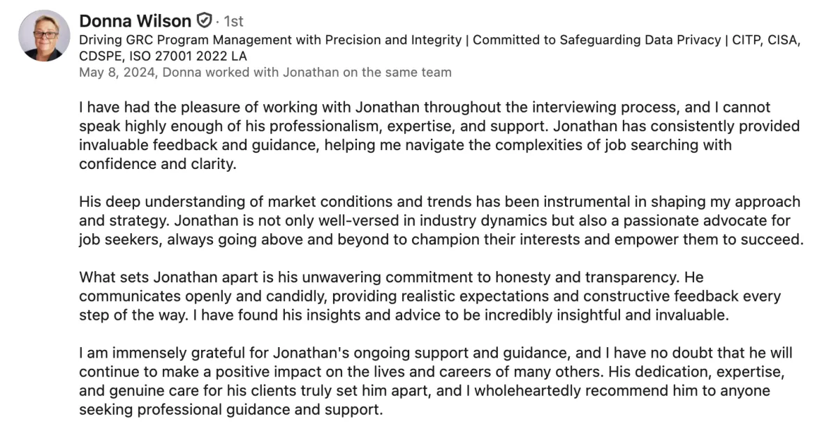 LinkedIn recommendation for ready aim interview
