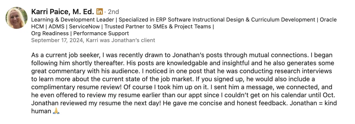 LinkedIn recommendation for ready aim interview