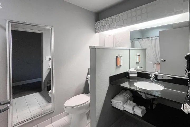 Bathroom in the Blush Honeymoon Suite at Metropolis Resort