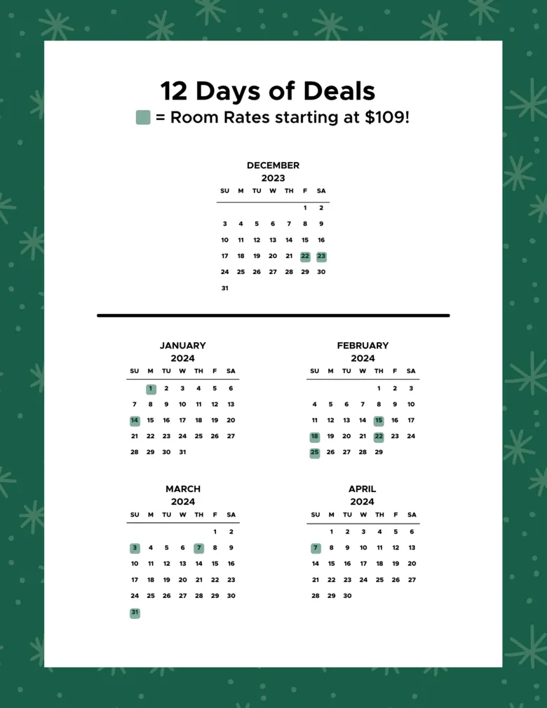 12 Days of Deals Room Rates Calendar - December 2023 through April 2024