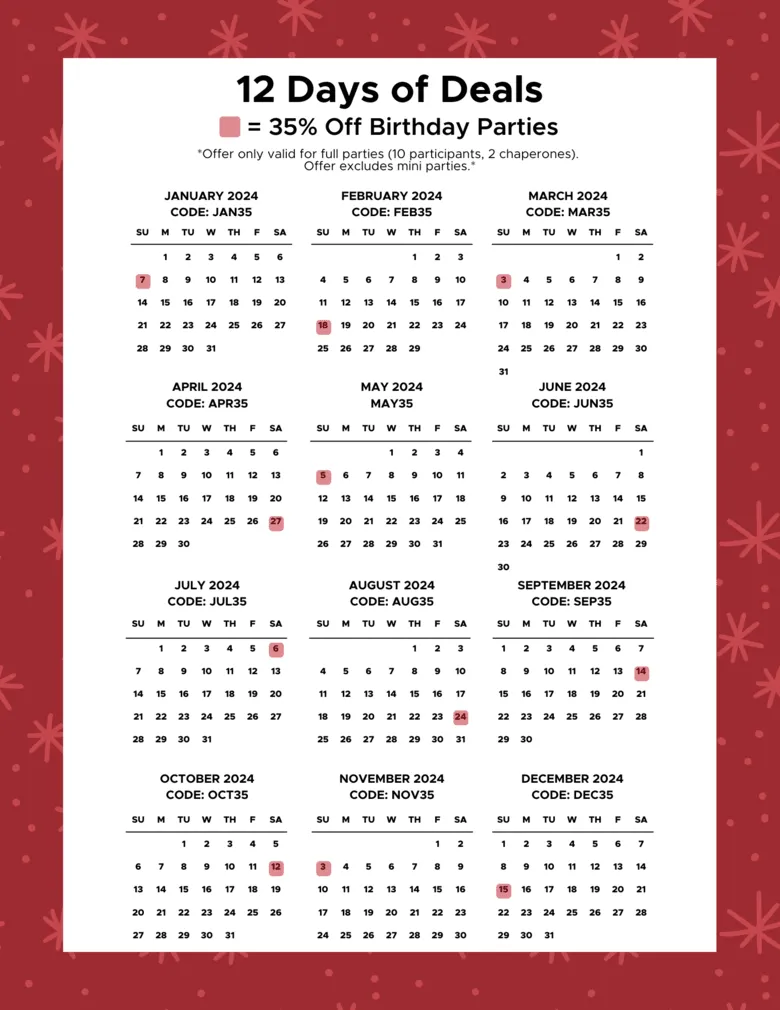 12 Days of Deals Birthday Party Calendar - 2024