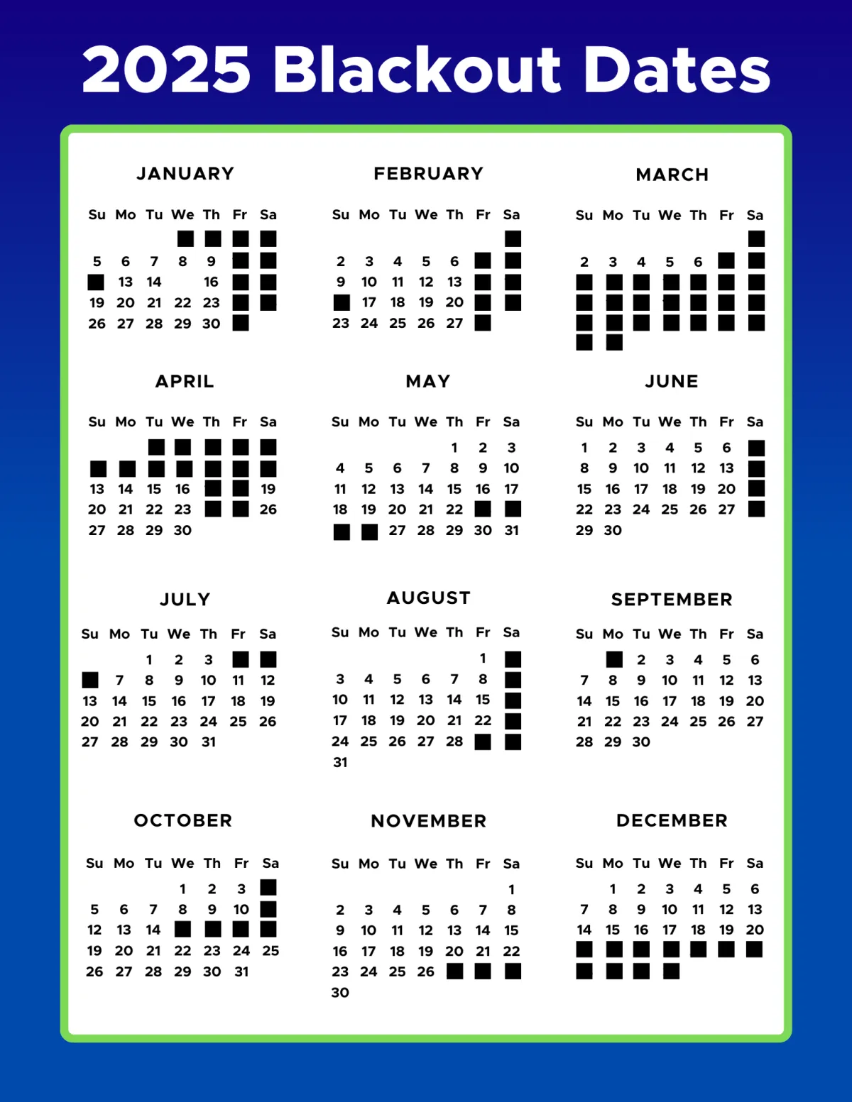 Calendar of Blackout Dates for 2024 at Metropolis Resort