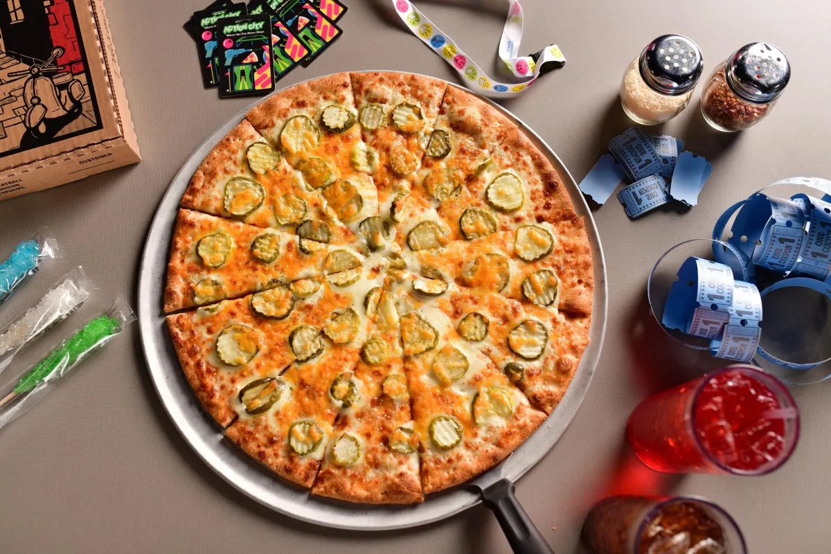 City Pizza Co. Dill Pickle Pizza, arcade tickets, soda