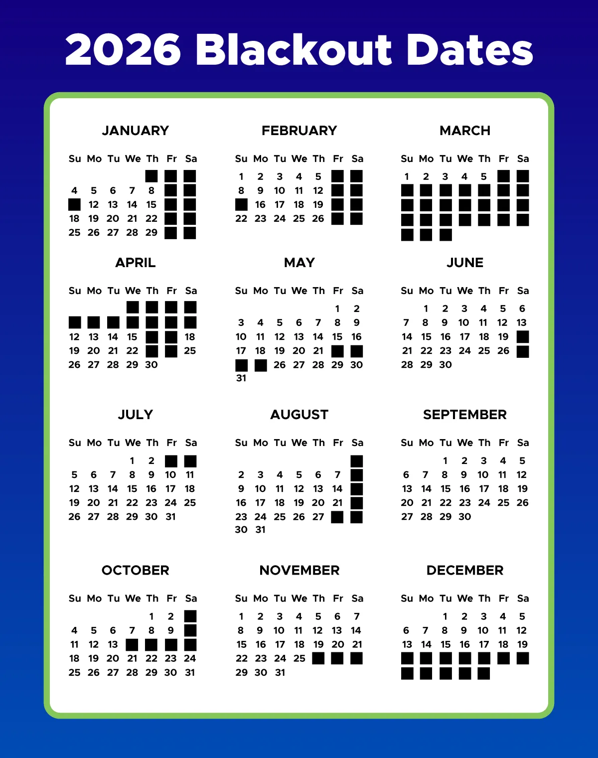 Calendar of Blackout Dates for 2026 at Metropolis Resort