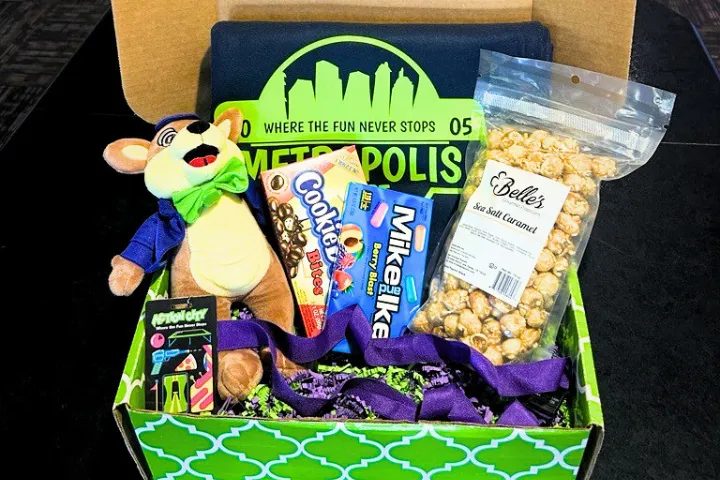 A stuffed animal moose, beach towel, rock candy, and popcorn