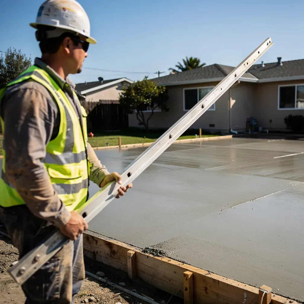 Concrete contractor working on a residential slab project at a home in Redwood City, California