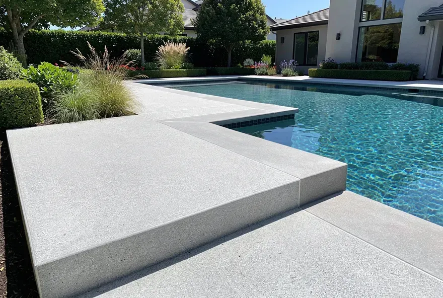 Freshly finished concrete pool deck surrounding an upscale backyard pool at a home in Redwood City, CA