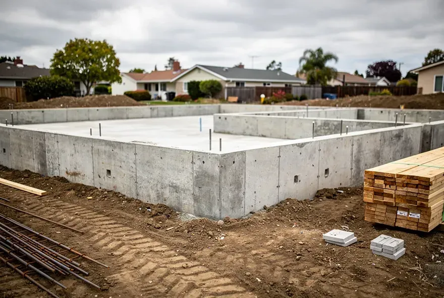 Freshly poured concrete foundation at a modest residential home in Redwood City, California