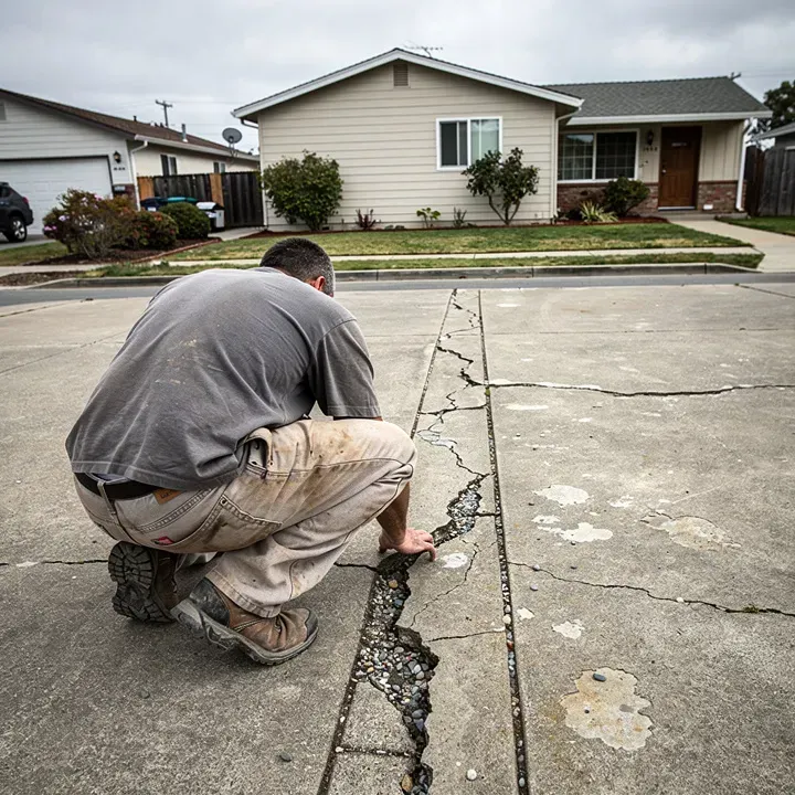Concrete contractor inspecting a cracked driveway at a modest residential home in Redwood City, California