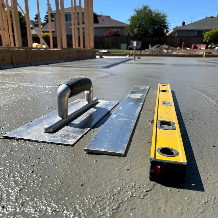 Close-up of concrete contractor tools on a freshly poured slab at a jobsite in Redwood City, California